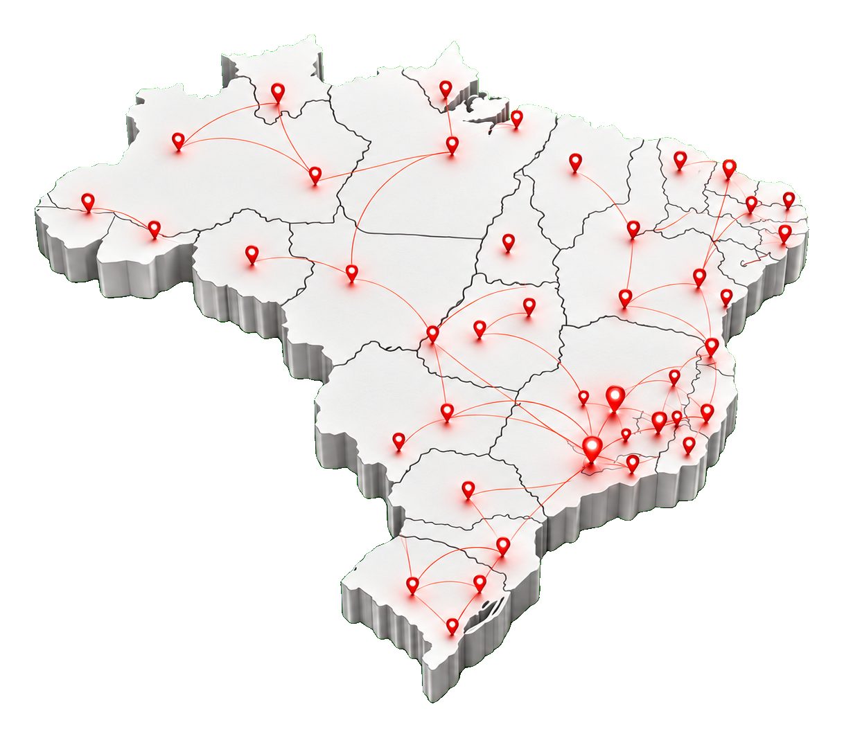 Mapa tridimensional do Brasil com pontos conectados representando a atuação nacional da UP